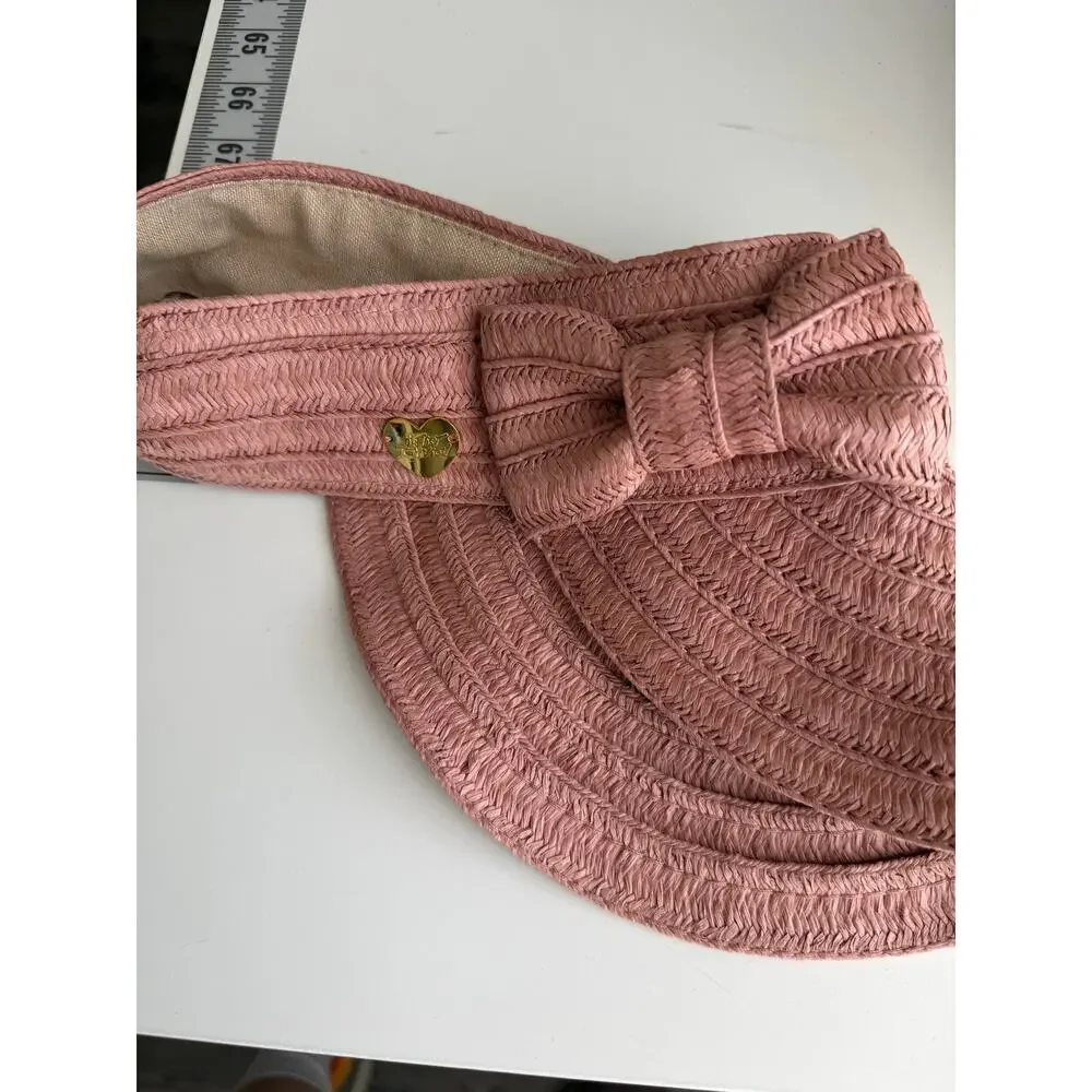 Betsey Johnson Cabow Cutie Blush Straw Visor Bow Gold Logo Heart One Size